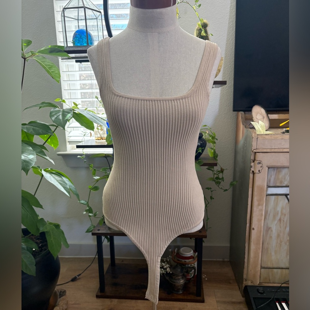 debut Ribbed Scoop-Square Neck Bodysuit in Beige NWOT